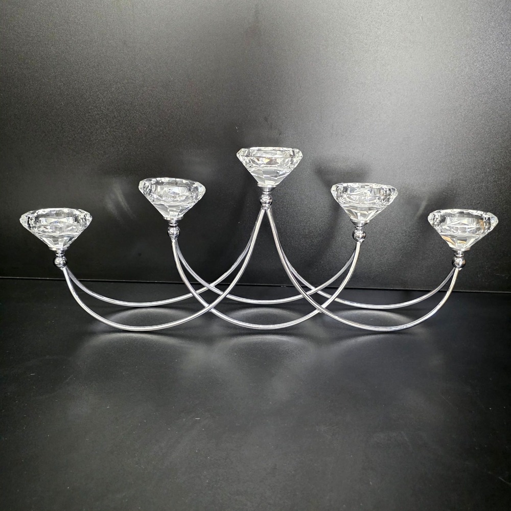 Candelabra Centerpiece Silver 5-Arm Crystal Glass Arched Base Diamond Cut Decor